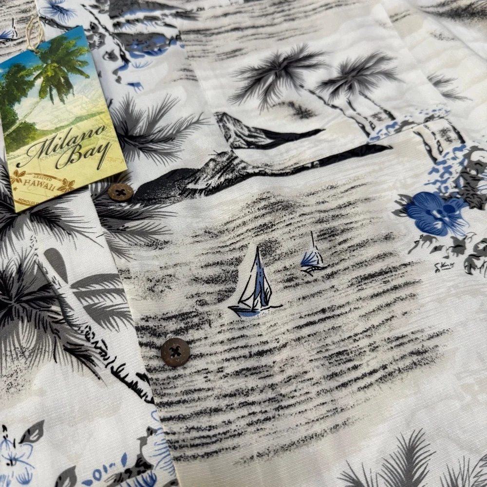 Milano Bay NWT white hawaiian men xl short sleeve button up shirt - Picture 3 of 4